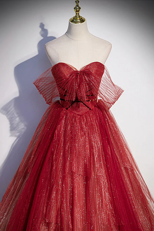 Burgundy Sweetheart Neckline Tulle Long Prom Dress, A-Line Evening Dress TP640