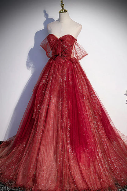 Burgundy Sweetheart Neckline Tulle Long Prom Dress, A-Line Evening Dress TP640