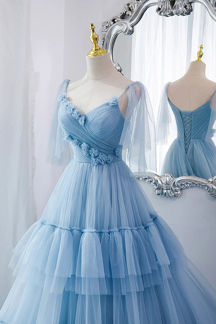 A-Line Tulle Long Prom Dresses, V-Neck Spaghetti Strap Long Princess Dresses TP645