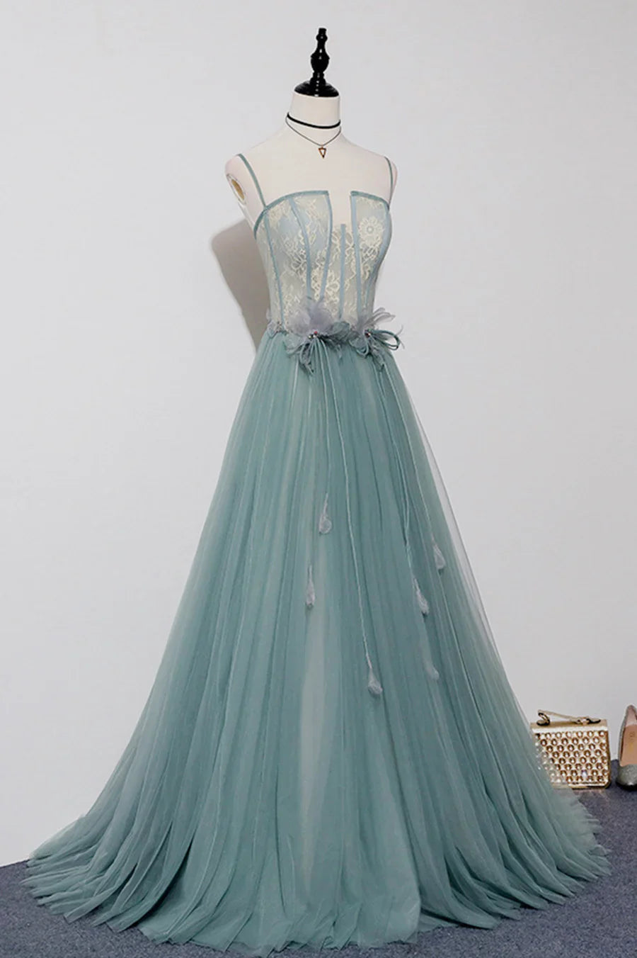 Green Lovely Tulle Straps Long A-Line Prom Dresses, Green Evening Dresses TP647