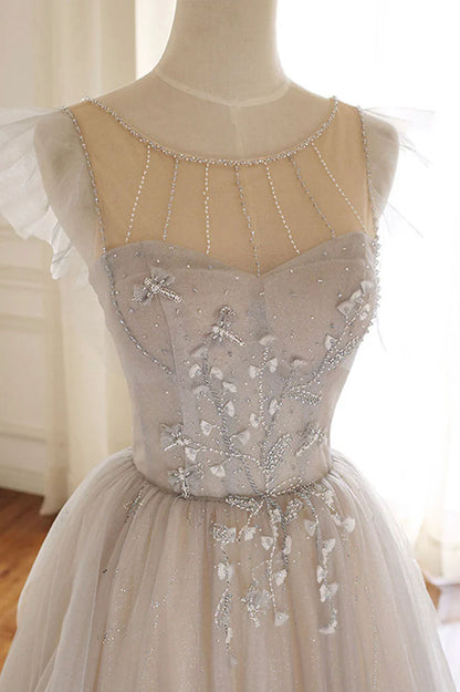 Cute Tulle Sequins Long Prom Dresses, A-Line Evening Dresses TP649