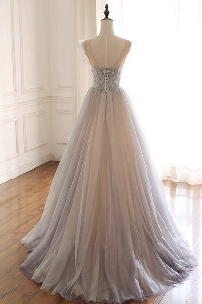 Cute Tulle Sequins Long Prom Dresses, A-Line Evening Dresses TP649