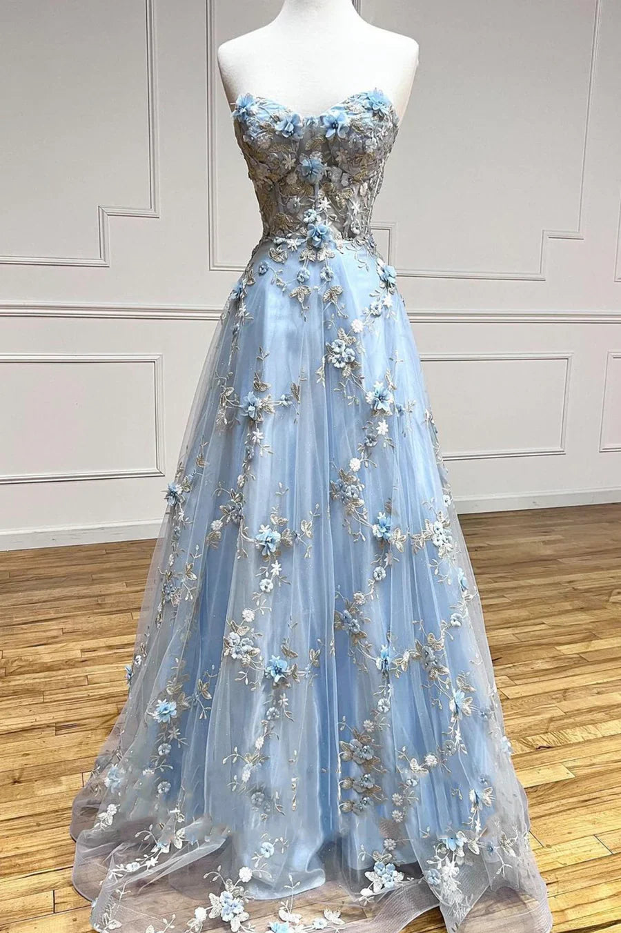 Blue Tulle Appliques Long Prom Dresses, A-Line Strapless Evening Dresses TP653