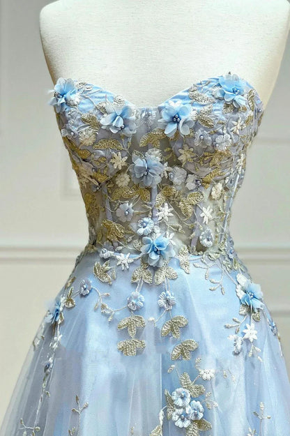 Blue Tulle Appliques Long Prom Dresses, A-Line Strapless Evening Dresses TP653