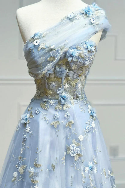 Blue Tulle Appliques Long Prom Dresses, A-Line Strapless Evening Dresses TP653