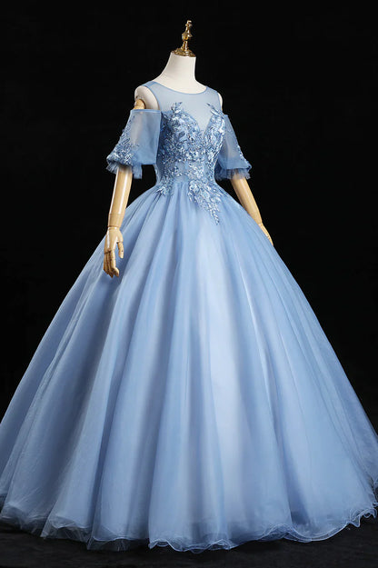 Blue Lace Long A-Line Prom Dresses, Blue Evening Dresses TP660