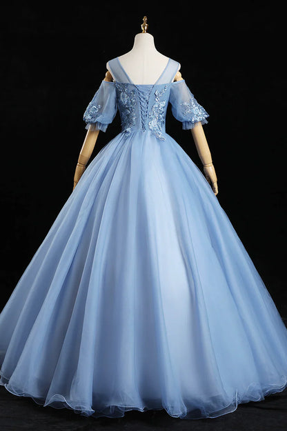 Blue Lace Long A-Line Prom Dresses, Blue Evening Dresses TP660