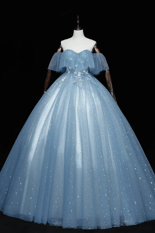 Blue Tulle Lace Long Prom Dresses, A-Line Off the Shoulder Evening Dresses TP662