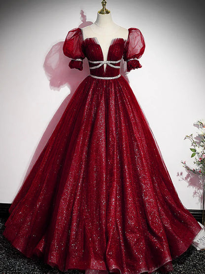 Blue Tulle Beading Long Prom Dresses, A-Line Evening Dresses TP666