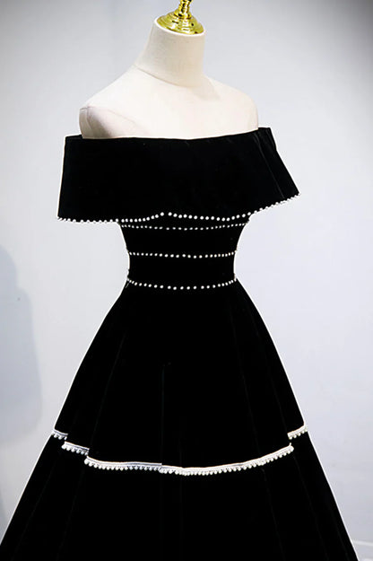 Black Velvet Long Prom Dresses, A-Line Off the Shoulder Evening Dresses TP677