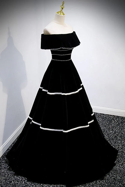 Black Velvet Long Prom Dresses, A-Line Off the Shoulder Evening Dresses TP677