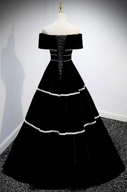 Black Velvet Long Prom Dresses, A-Line Off the Shoulder Evening Dresses TP677