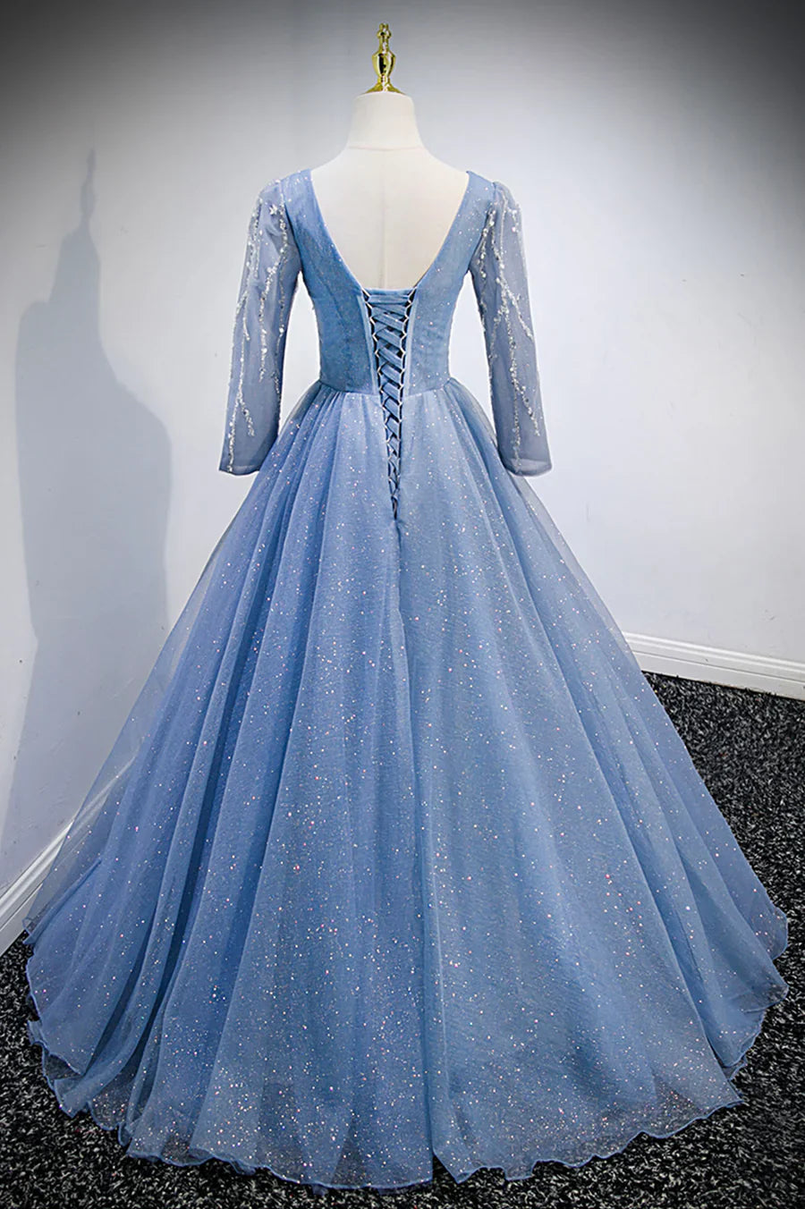 Previous Next   Blue V-Neck Tulle Beading Long Prom Dresses, Long Sleeve Evening Dresses TP678