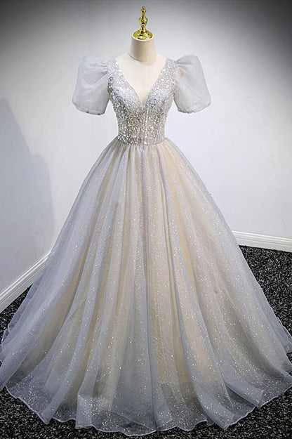 Grey V-Neck Tulle Beading Long Prom Dresses, A-Line Evening Dresses TP681