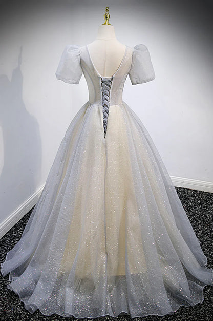 Grey V-Neck Tulle Beading Long Prom Dresses, A-Line Evening Dresses TP681