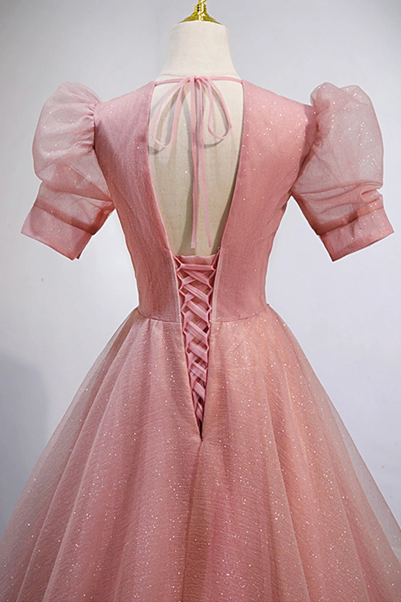Pink V-Neck Tulle Long Prom Dresses, A-Line Short Sleeve Evening Dresses TP682