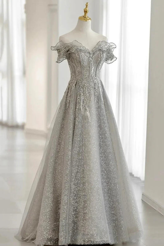 Grey Tulle Sequins Long A-Line Prom Dresses, Off the Shoulder Evening Dresses TP683