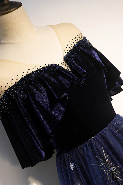 Elegant Navy Blue Applique Velvet Tulle Vintage A-Line Long Prom Dress Evening Dress TP689