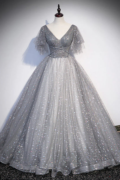 Grey V-Neck Tulle Long Prom Dresses, A-Line Evening Dresses TP690