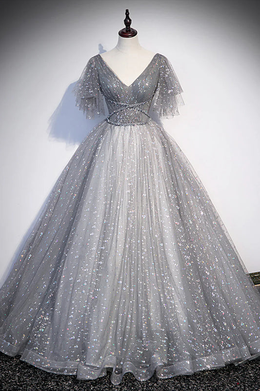 Grey V-Neck Tulle Long Prom Dresses, A-Line Evening Dresses TP690