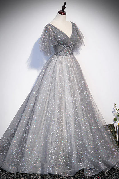 Grey V-Neck Tulle Long Prom Dresses, A-Line Evening Dresses TP690