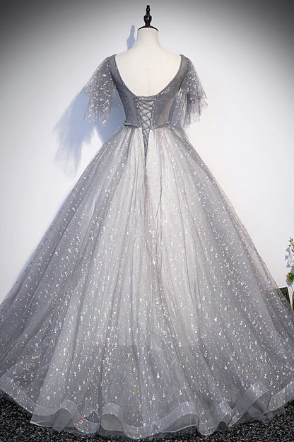 Grey V-Neck Tulle Long Prom Dresses, A-Line Evening Dresses TP690