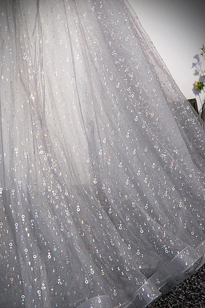 Grey V-Neck Tulle Long Prom Dresses, A-Line Evening Dresses TP690