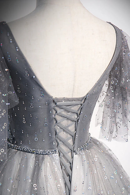 Grey V-Neck Tulle Long Prom Dresses, A-Line Evening Dresses TP690