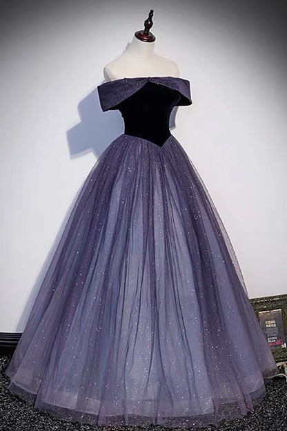 Purple Velvet Tulle Long Prom Dresses, A-Line Off the Shoulder Evening Dresses TP696