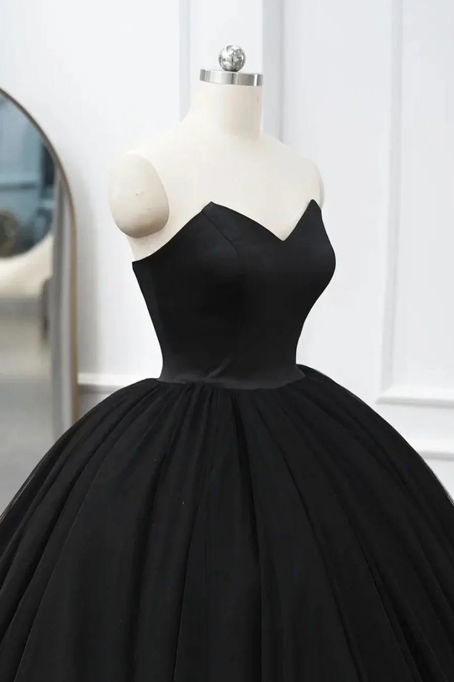Black Tulle Long A-Line Prom Dresses, Black Strapless Long Evening Dresses TP701