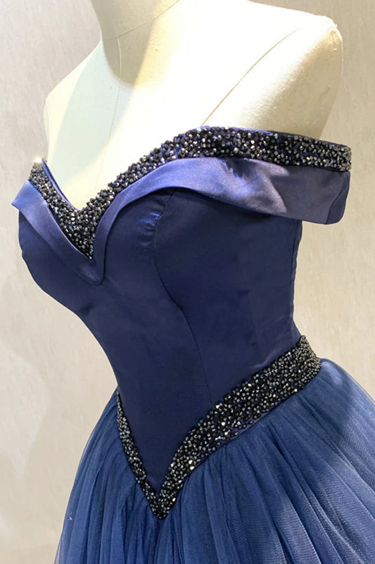 A-Line Tulle Beading Long Prom Dresses, Off the Shoulder Evening Dresses TP723