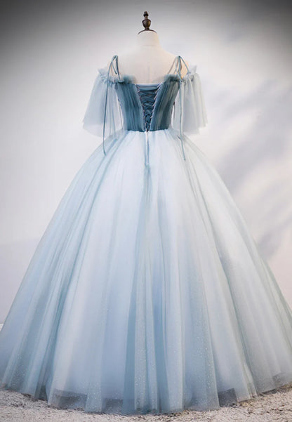 Lovely Spaghetti Strap Blue Long Prom Dresses, Lace Evening Dresses TP734