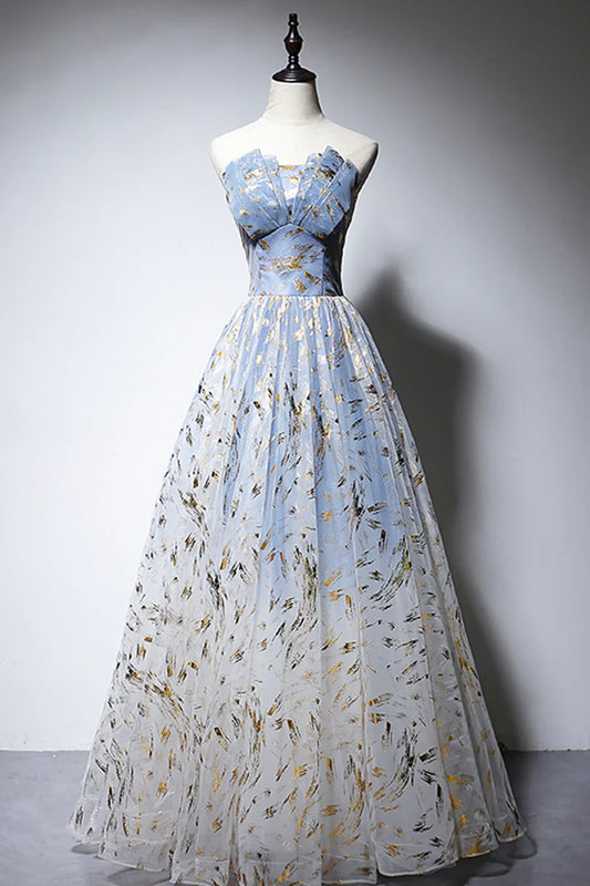 Blue Strapless Ombre Tulle Long Prom Dresses, A-Line Evening Dresses TP743