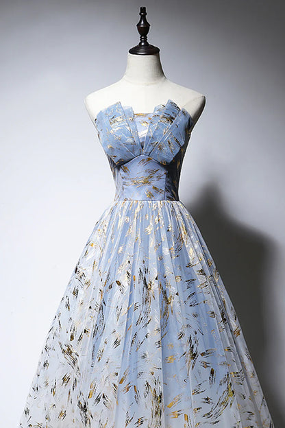 Blue Strapless Ombre Tulle Long Prom Dresses, A-Line Evening Dresses TP743