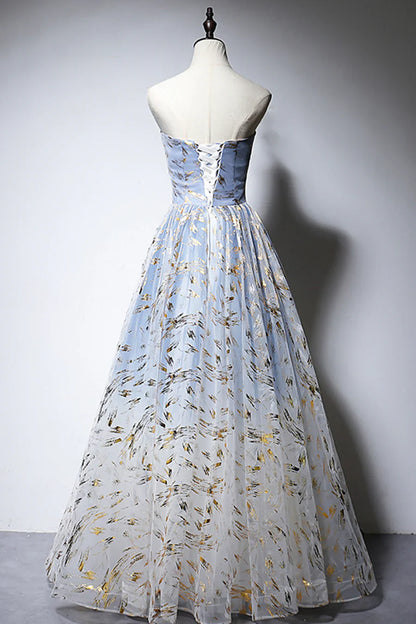 Blue Strapless Ombre Tulle Long Prom Dresses, A-Line Evening Dresses TP743