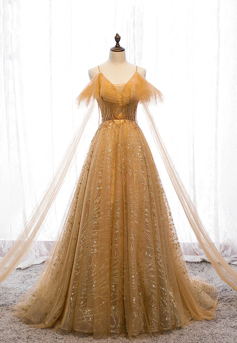 Gold V-Neck Tulle Long Prom Dresses, A-Line Evening Dresses TP744