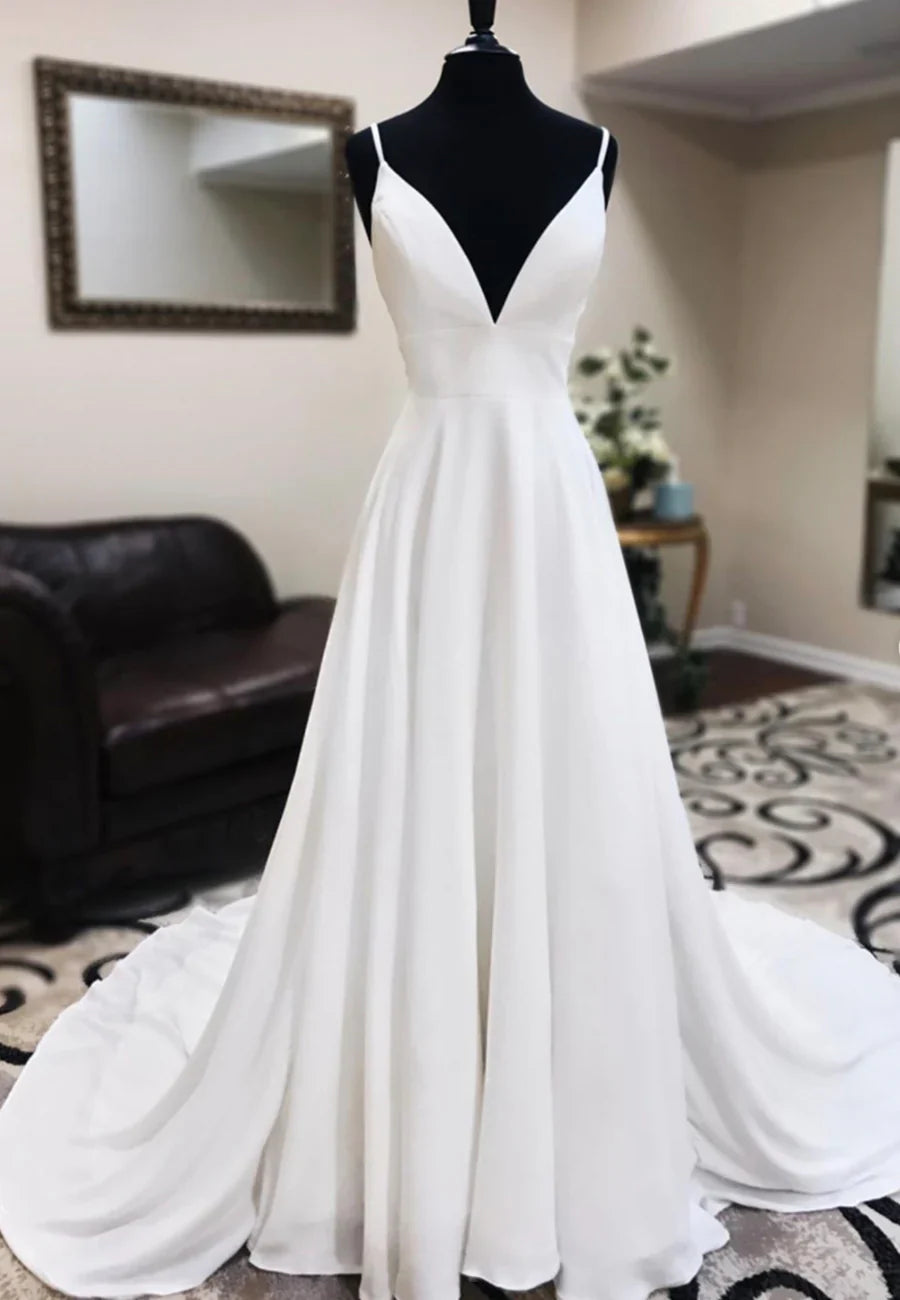 White V-Neck Long Prom Dresses, A-Line Lace Evening Dresses TP747