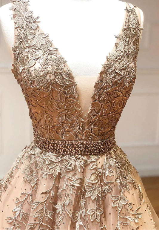 Plunging V-Neck Tulle Long Prom Dresses, Lace Formal Dresses TP761