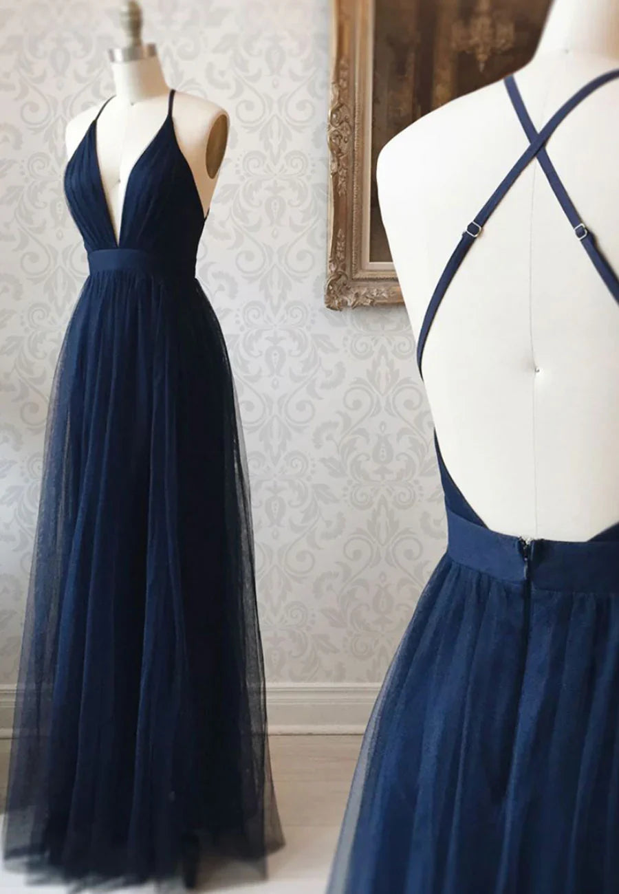 Simple Tulle Long Prom Dress, A Line Backless Evening Dress TP772