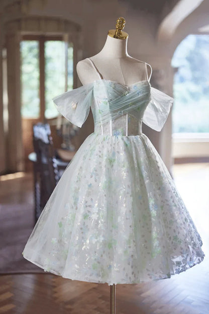 Green Tulle Knee Length A-Line Party Dress, Lovely Off the Shoulder Evening Dress TP782
