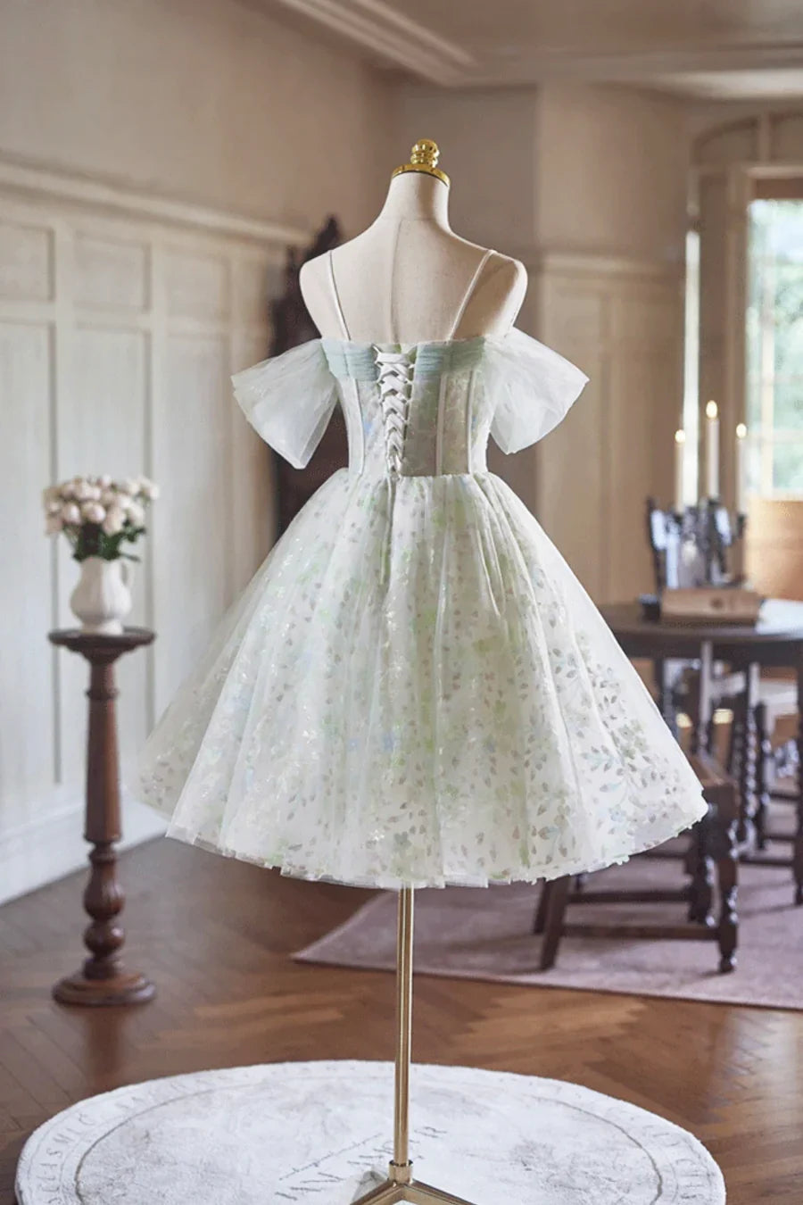 Green Tulle Knee Length A-Line Party Dress, Lovely Off the Shoulder Evening Dress TP782