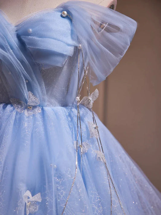 Blue Tulle Short A-Line Prom Dress, Lovely Off the Shoulder Party Dress TP783