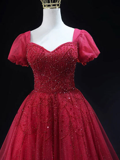 Burgundy Tulle Beaded Knee Length Party Dress, A-Line Short Sleeve Evening Party Dress TP788
