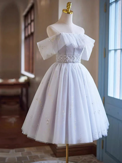 White Tulle Sequins Short Homecoming Dress, Lovely Off the Shoulder Evening Party Dress TP792