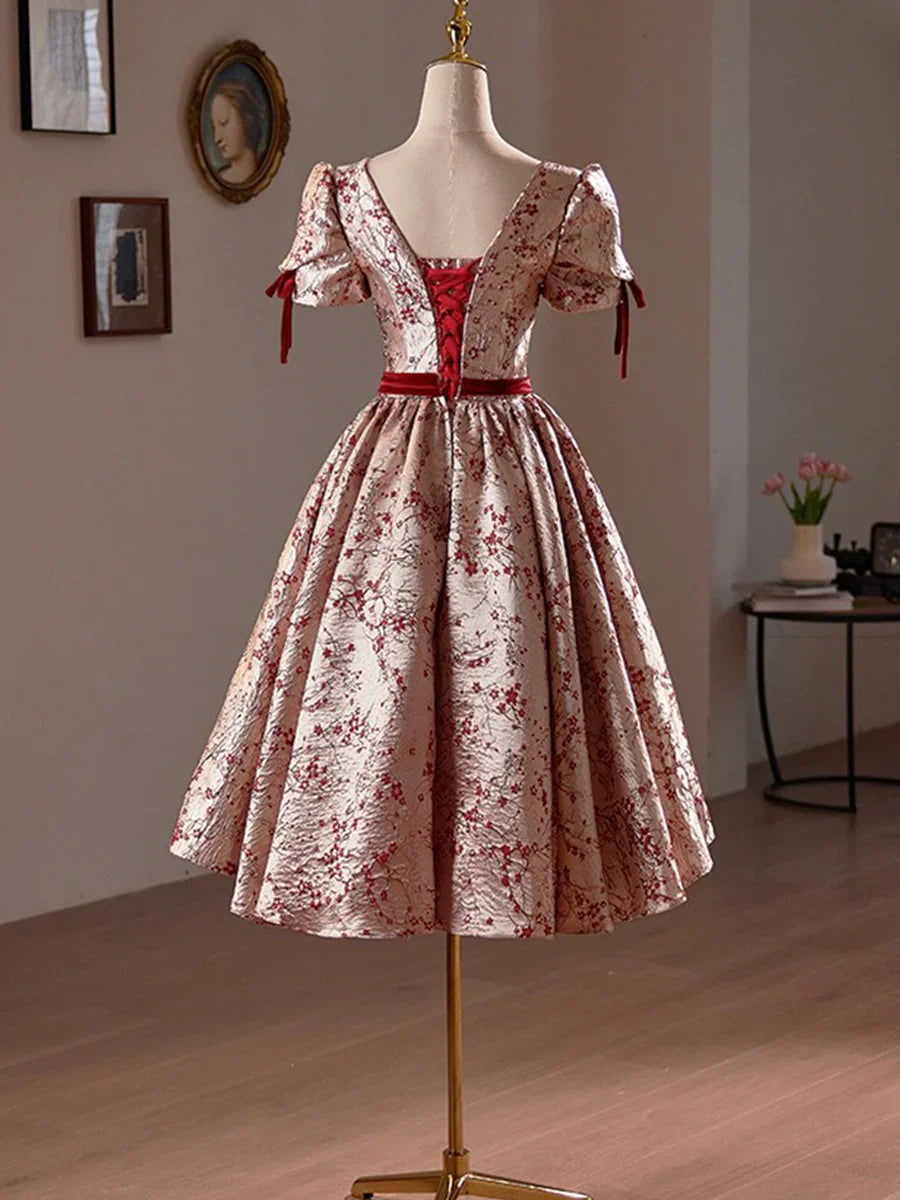 A-Line Floral Satin Short Prom Dress, Cute Short Sleeve Evening Homecoming Dress TP810
