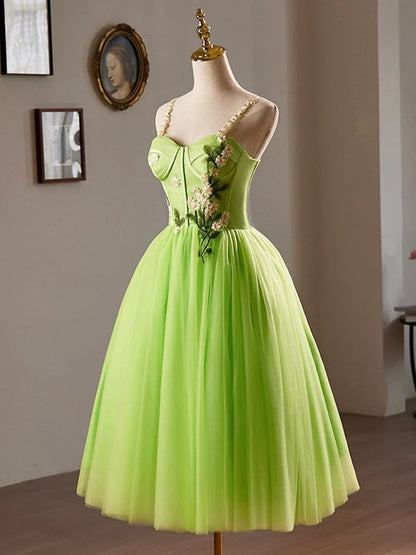 Beautiful Green Lace Flower Short Party Dress, Lovely Spaghetti Straps Sleeveless Backless Evening Dress TP811