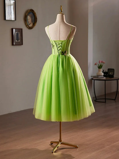 Beautiful Green Lace Flower Short Party Dress, Lovely Spaghetti Straps Sleeveless Backless Evening Dress TP811