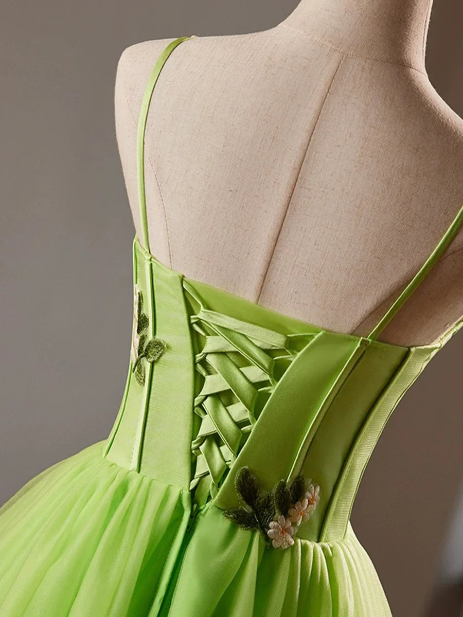 Beautiful Green Lace Flower Short Party Dress, Lovely Spaghetti Straps Sleeveless Backless Evening Dress TP811