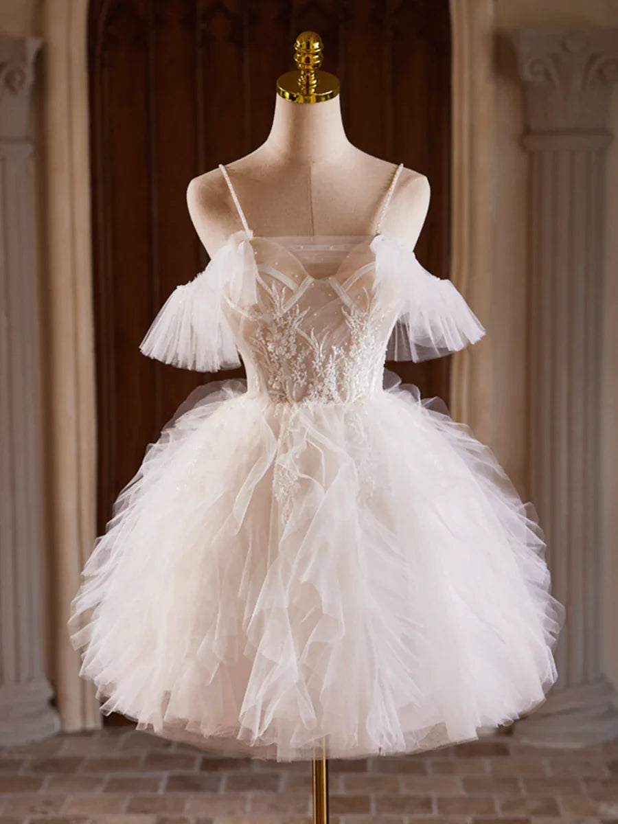 A-Line Tulle Layers Short Prom Dress, Light Champagne Spaghetti Strap Party Dress TP815