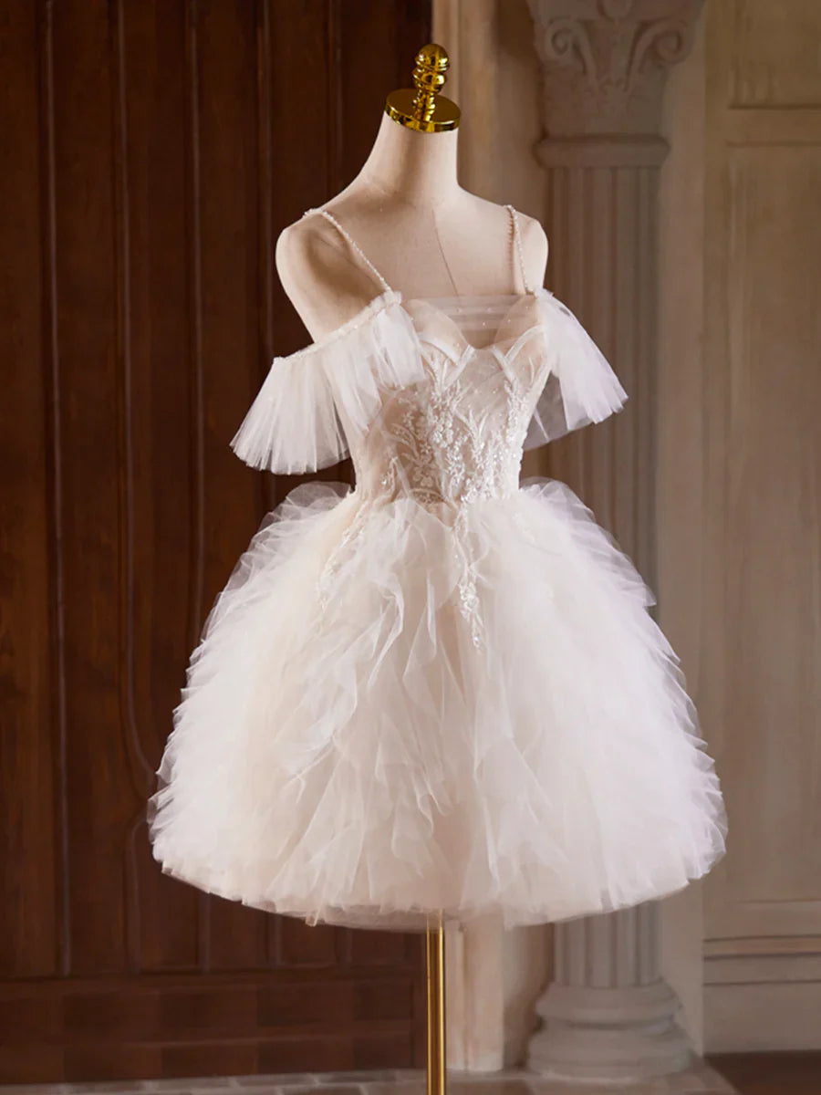 A-Line Tulle Layers Short Prom Dress, Light Champagne Spaghetti Strap Party Dress TP815